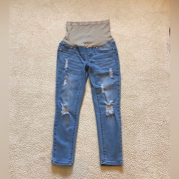 Denim - Blue Savvy Maternity Stretch Skinny Crop Jegging Distress Denim Jean Pants Ladie